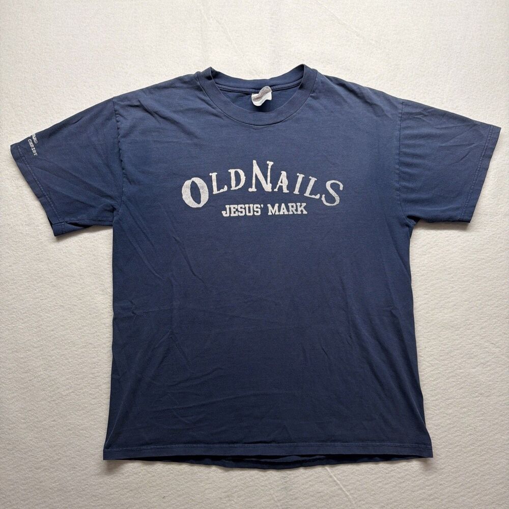 Vintage 90s Old Nails Jesus’ Mark Old Navy Parody T-Shirt Faded Blue Men’s Large
